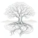 A sketch style tattoo of a tree with roots spreading into a flowing river, symbolizing the healing power of nature tattoo design idea