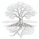 A sketch style tattoo of a tree with roots spreading into a flowing river, symbolizing the healing power of nature tattoo design idea