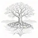 A sketch style tattoo of a tree with roots spreading into a flowing river, symbolizing the healing power of nature tattoo design idea