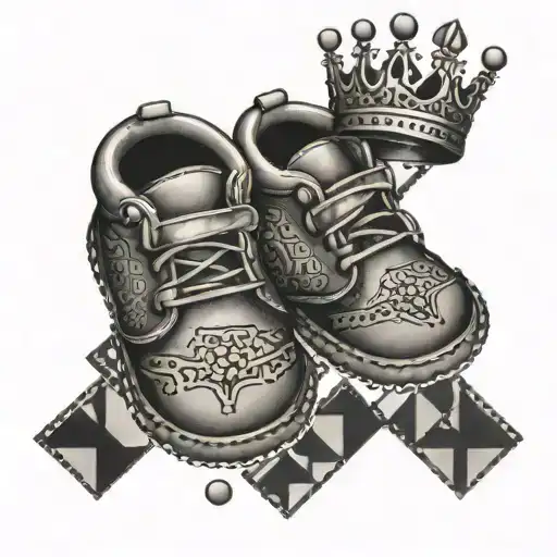 A collage of baby feet, a crown, and a Dodge Neon 2005 in a geometric pattern tattoo design idea