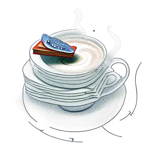 A stack of books with a coffee cup balancing on top, surrounded by green and blue frogs. tattoo design idea