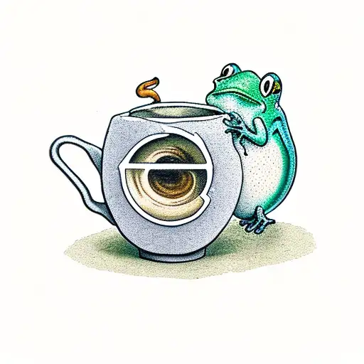 A stack of books with a coffee cup balancing on top, surrounded by green and blue frogs. tattoo design idea