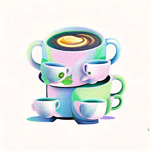 A stack of books with a coffee cup balancing on top, surrounded by green and blue frogs. tattoo design idea