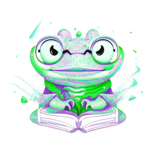 A mint chocolate chip ice cream cone melting into a book, with green and blue frogs hopping around. tattoo design idea