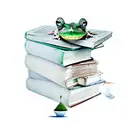 A stack of books with a coffee cup balancing on top, surrounded by green and blue frogs. tattoo design idea