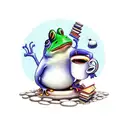 A stack of books with a coffee cup balancing on top, surrounded by green and blue frogs. tattoo design idea