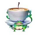 A stack of books with a coffee cup balancing on top, surrounded by green and blue frogs. tattoo design idea