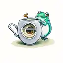 A stack of books with a coffee cup balancing on top, surrounded by green and blue frogs. tattoo design idea