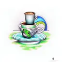 A stack of books with a coffee cup balancing on top, surrounded by green and blue frogs. tattoo design idea