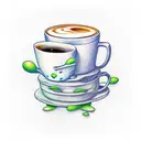 A stack of books with a coffee cup balancing on top, surrounded by green and blue frogs. tattoo design idea