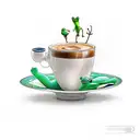 A stack of books with a coffee cup balancing on top, surrounded by green and blue frogs. tattoo design idea