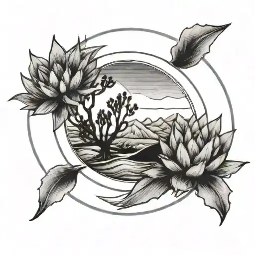 circle mountain wave line tattoo with agave tree in middle above circle tattoo design idea