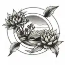 circle mountain wave line tattoo with agave tree in middle above circle tattoo design idea