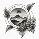 circle mountain wave line tattoo with agave tree in middle above circle tattoo design idea