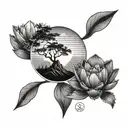 circle mountain wave line tattoo with agave tree in middle above circle tattoo design idea