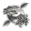 circle mountain wave line tattoo with agave tree in middle above circle tattoo design idea