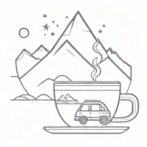 car, space, moutain, tea cup tattoo design idea
