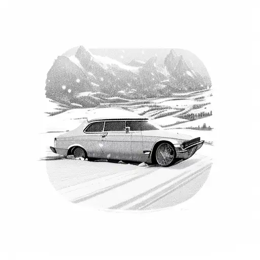 A vintage car drifting on a snowy road tattoo design idea