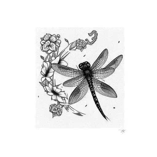 letter P with dragonfly and flower tattoo design idea