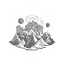 Rick and Morty characters exploring a pixelated mountain range tattoo design idea