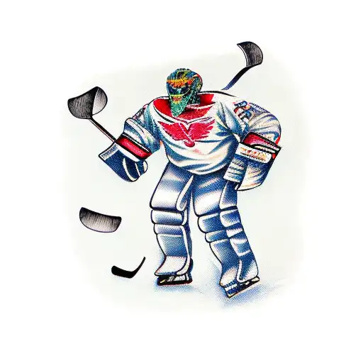 An epic video game boss transformed into a hockey goalie tattoo design idea