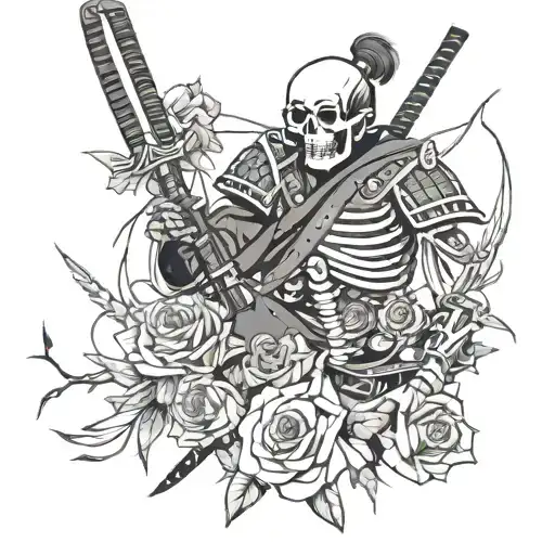 samurai skeleton giving roses to a girl tattoo design idea