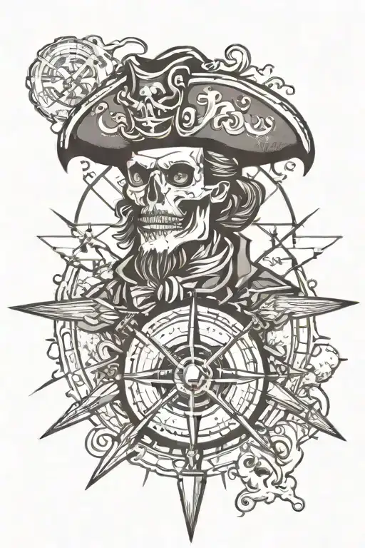 pirate them with map compass skull and shadow figure meeting tattoo design idea