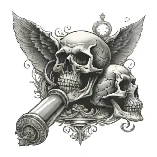 Skull and an hourglass. Memento Mori written tattoo design idea
