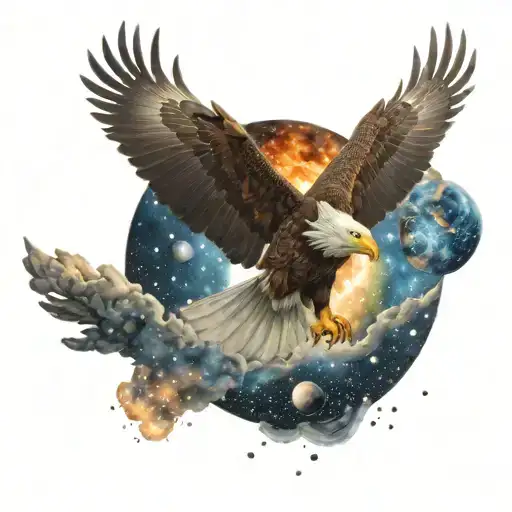 A tattoo of a majestic eagle soaring through a galaxy filled with stars and planets tattoo design idea