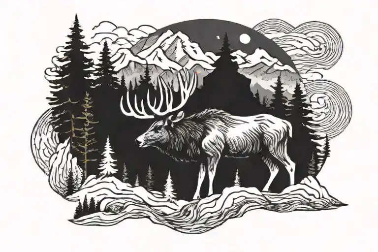 mountain range shaped like elk bear and wolf tattoo design idea