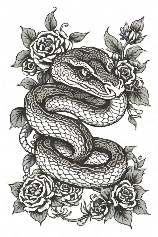 red snake with black flowers with eyes in some flowers tattoo design idea