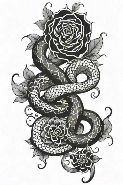 red snake and black flowers intertwined tattoo design idea