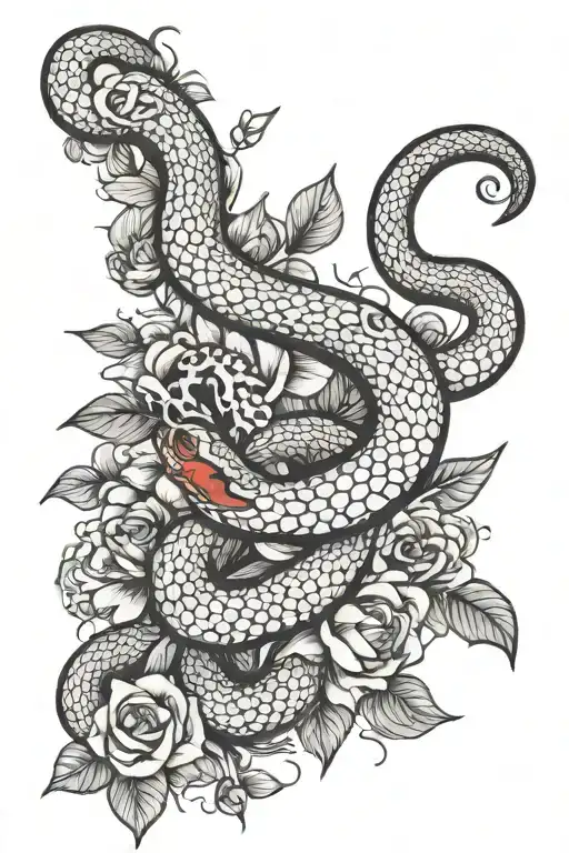 red snake with black flowers with eyes in some flowers tattoo design idea