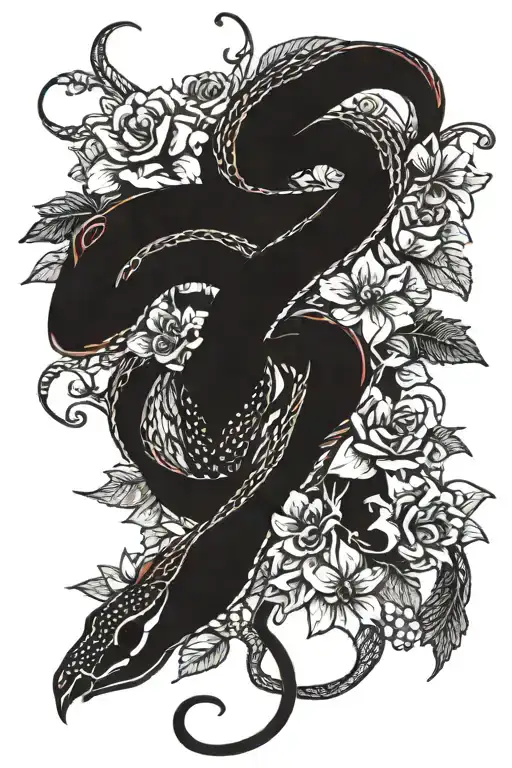 red snake with black flowers with eyes in some flowers tattoo design idea