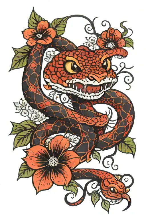 red snake with black flowers with eyes in some flowers tattoo design idea