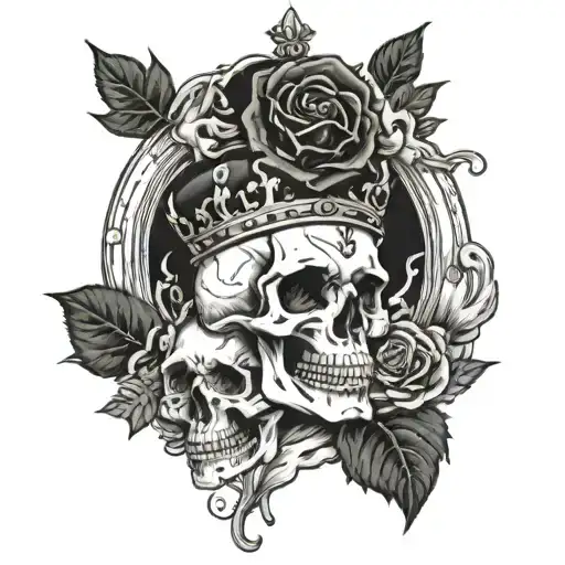 black roses & skull heads & clouds & king crown tattoo design idea
