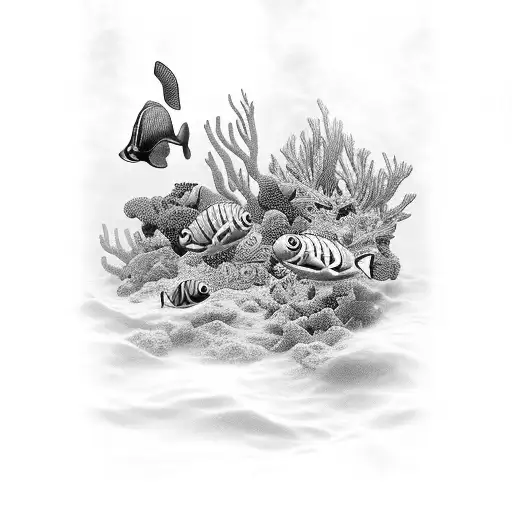 An intricate black and grey design featuring an underwater scene with colorful coral reefs and graceful butterflies swimming among them tattoo design idea