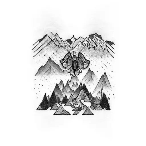 A blackwork tattoo inspired by the beauty of nature, combining elements like mountains, forests, and butterflies in a harmonious composition tattoo design idea