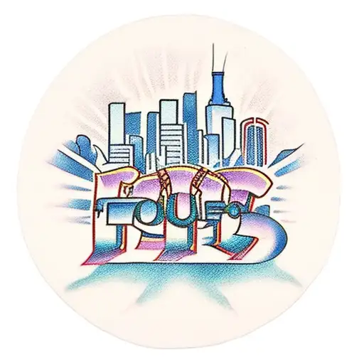 A traditional tattoo of the Sopranos crew standing together, with the New York City skyline in the background and a banner that says 'Mafia Forever'. tattoo design idea