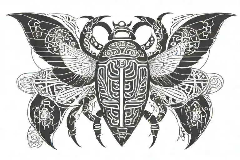 Egyptian scarab beetle surrounded by mystical symbols and hieroglyphics tattoo design idea