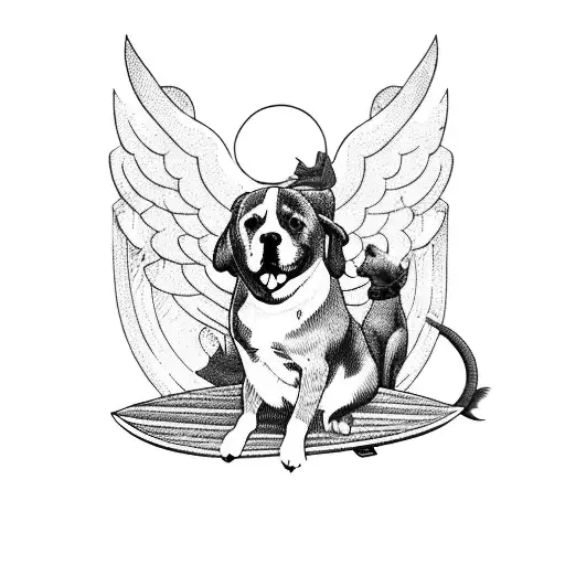 A majestic angel riding a surfboard with a pit bull by its side tattoo design idea