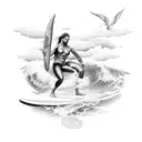 A majestic angel riding a surfboard with a pit bull by its side tattoo design idea