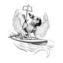 A majestic angel riding a surfboard with a pit bull by its side tattoo design idea