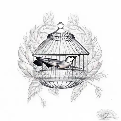 a bird flying out of a cage and a bird on a branch tattoo design idea