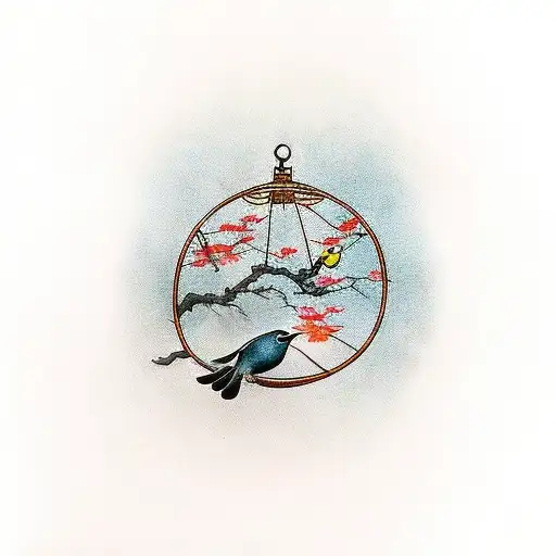 a bird flying out of a cage and a bird on a branch tattoo design idea