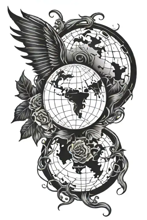 vampire wings with broken hearts and a globe around it tattoo design idea