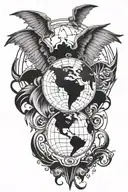 vampire wings with broken hearts and a globe around it tattoo design idea