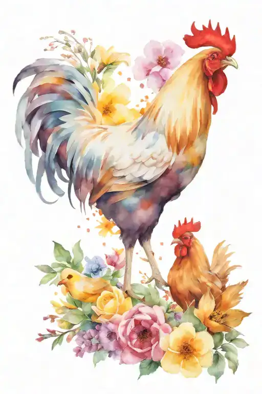 A tattoo of a Chicken, rooster and three chicks with birth month flowers of January, February, June, November and Decemb tattoo design idea