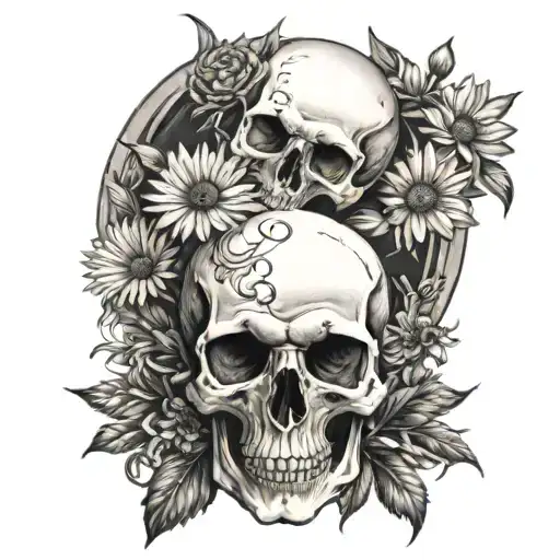 masculine skull on bed of daisies growing tattoo design idea