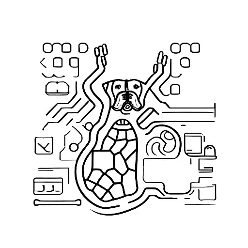 A minimalist tattoo of a dog silhouette formed by computer code, representing the client's passion for dogs and software development tattoo design idea
